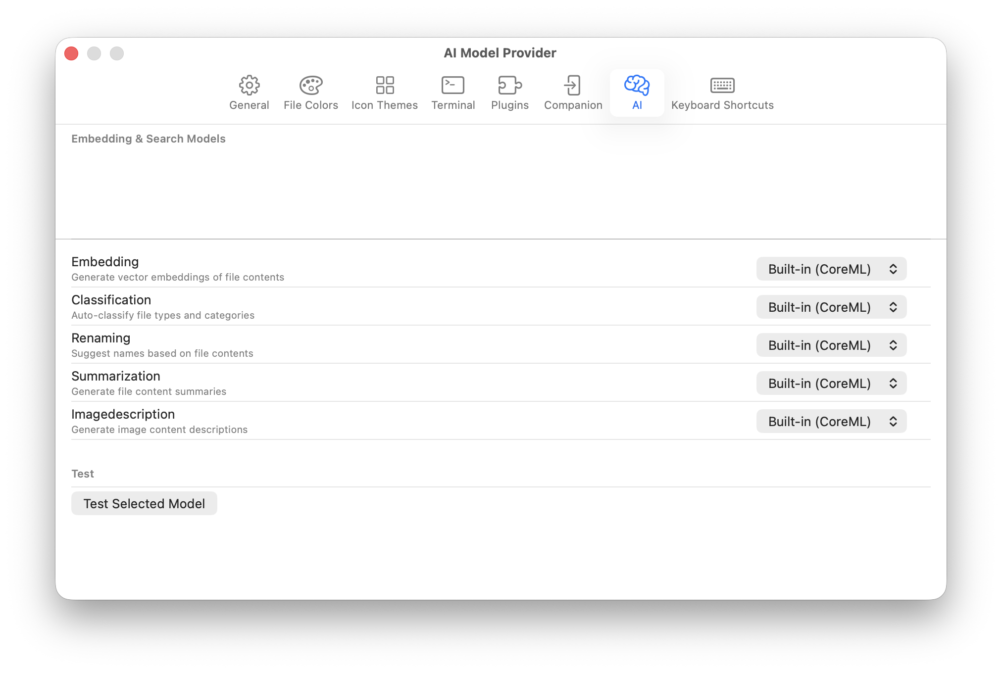 AI settings - all local CoreML models