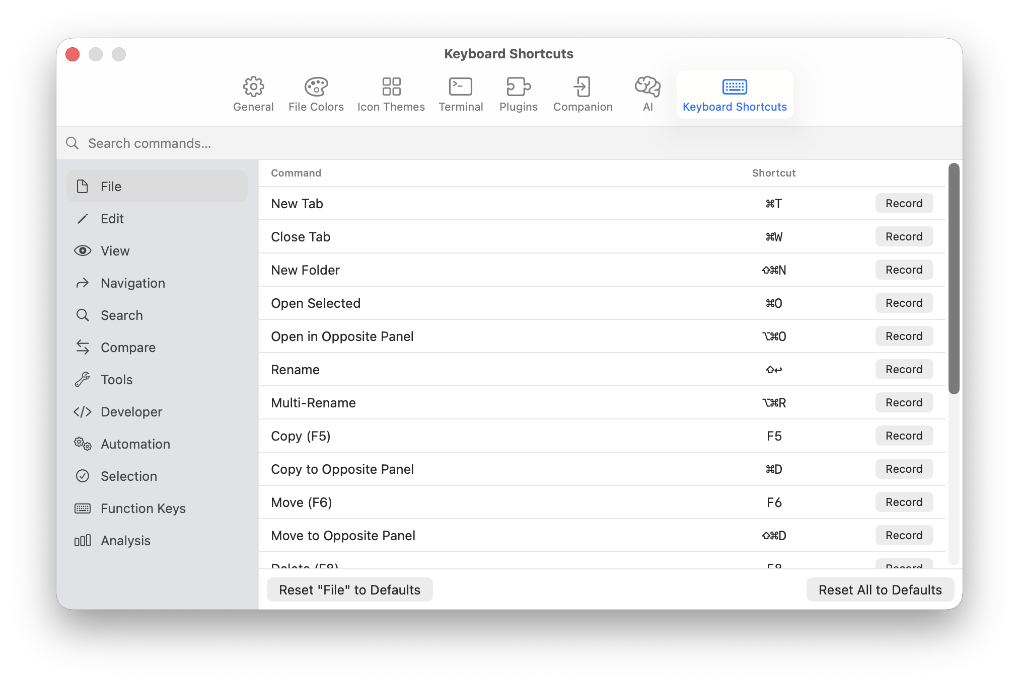 Keyboard shortcuts settings